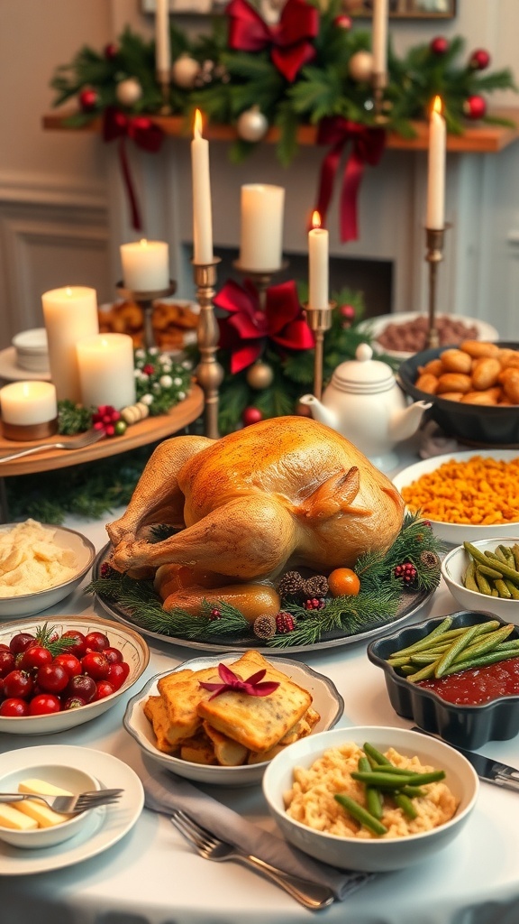 A festive Christmas dinner buffet table with roasted turkey, side dishes, and holiday decorations.